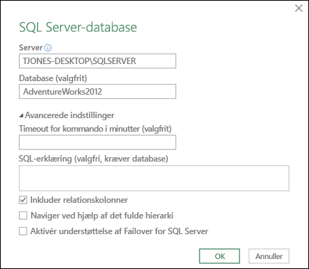 Dialogboksen Power Query i SQL Server-databaseforbindelse