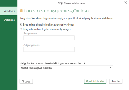 Logonoplysninger til Power Query for SQL Server-forbindelse