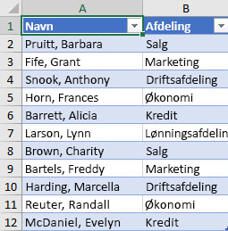 Medarbejderliste efter afdeling, der skal sorteres