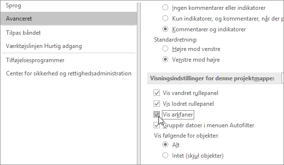 Vis arkfaner i Excel-indstillinger