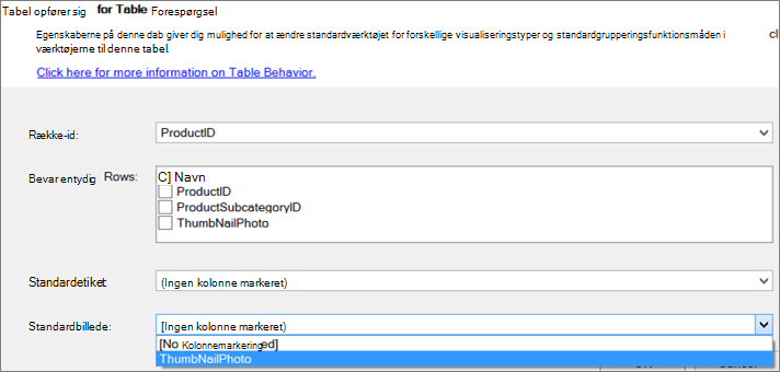 Angiv funktionsmåden for tabel