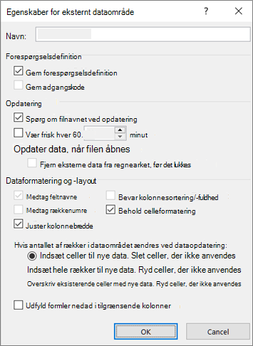 Eksempel på dialogboksen Egenskaber for eksternt dataområde