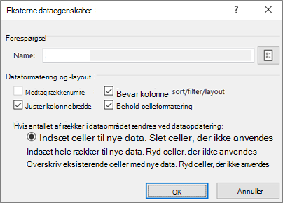 Eksempel på dialogboksen Egenskaber for eksternt område