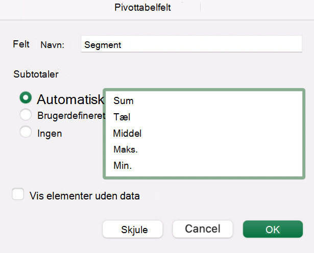 Tilføj et pivottabelfelt