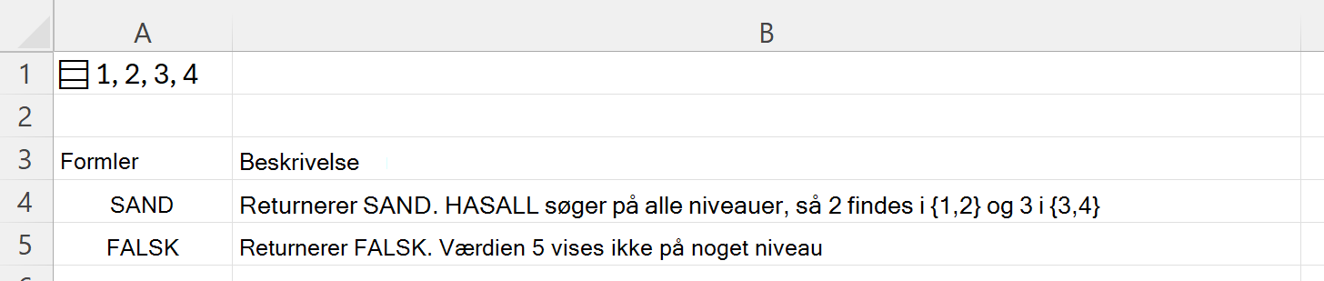 Brug af HASALL til at søge i en indlejret matrix, der er gemt i en enkelt celle