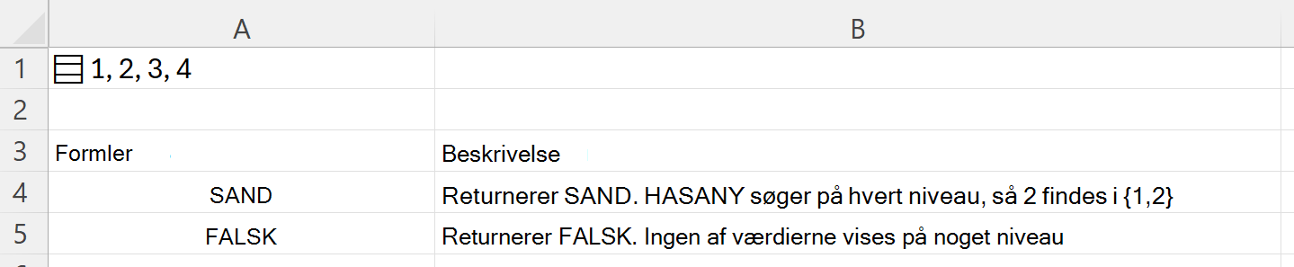 Brug af HASANY til at søge i en indlejret matrix, der er gemt i en enkelt celle