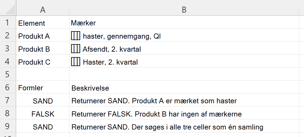 Brug af HASANY til at kontrollere, om en celle, der indeholder en indlejret matrix med koder, omfatter nogen af de valgte koder