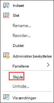 Skjul fane i Excel på internettet.