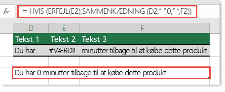 HVIS- og ER.FEJL-funktioner, der bruges som en løsning til at sammenkæde en streng med #VÆRDI!-fejlen