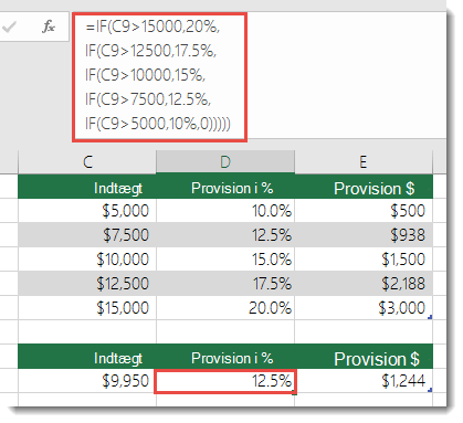 Formlen i celle D9 er HVIS(C9 15000,20%,HVIS(C9 12500,17.5%,HVIS(C9>10000,15%,HVIS(C9>7500,12.5%,HVIS(C9>5000,10%,0)))))>>