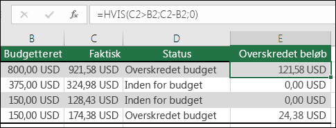 Formlen i celle E2 er =HVIS(C2>B2,C2-B2,)