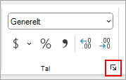 Skærmbillede, der viser placeringen af dialogboksstarteren Tal på båndet.