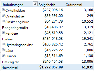 Pivottabel, der viser elementer, du har fokuseret på