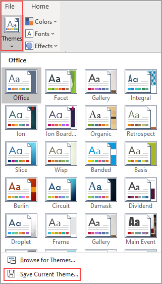 Galleriet Tema åbnet via knappen Tema