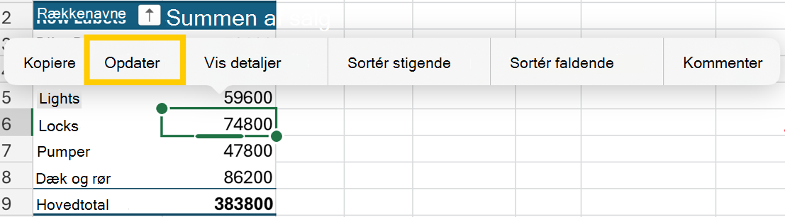 Opdater pivottabel fra genvejsmenuen på iPad.
