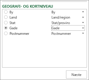 Geografi og kortniveau i opgaveruden
