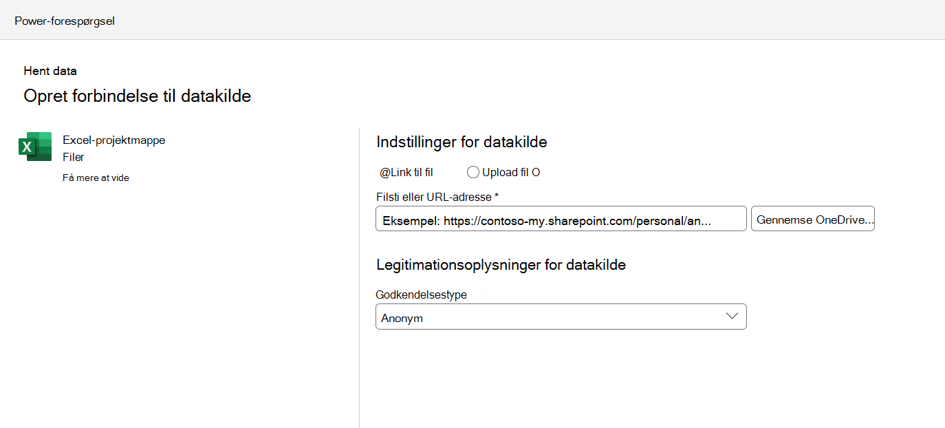 Menuen til indstillinger for datakildeforbindelse,