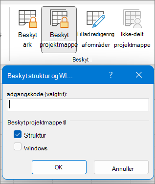Dialogboksen Beskyt projektmappe