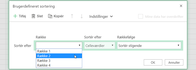 Rullelisten i dialogboksen Brugerdefineret sortering er åben, når du vælger at sortere fra venstre mod højre