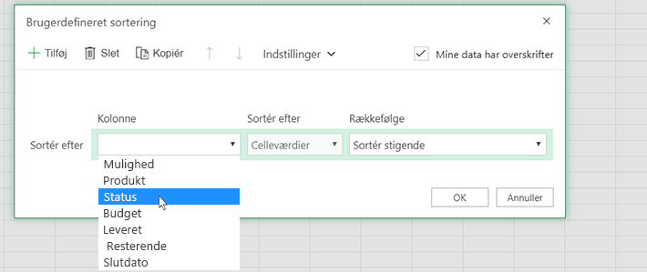 Vælg en kolonne i dialogboksen Brugerdefineret sortering