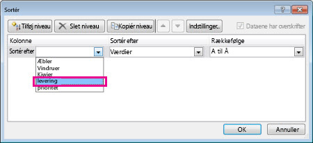 Sortér efter leveringskolonnen