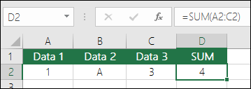 Korrekt formelopbygning. I stedet for =A2+B2+C2 er celle D2s-formlen =SUM(A2:C2)