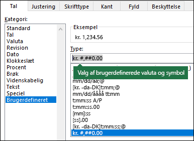 Funktionen TEKST – brugerdefineret valuta med symbol