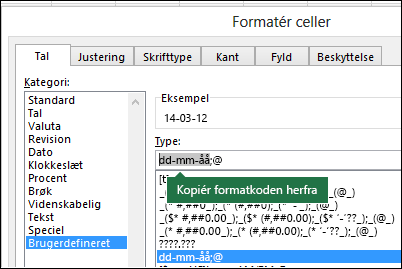 Eksempel på brug af dialogboksen Formatér > celletal >> brugerdefineret til at få Excel til at oprette formatstrenge for dig.