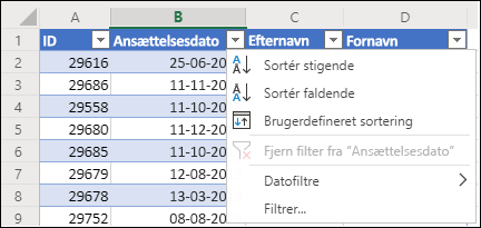 Brug Excels tabelfilter til at sortere i stigende eller faldende rækkefølge