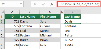 Brug den traditionelle LOPSLAG med en enkelt lookup_value reference: =LOPSLAG(A2,A:C,32,FALSK). Denne formel returnerer ikke en dynamisk matrix, men kan bruges sammen med Excel-tabeller.