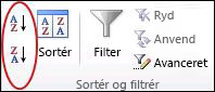 Sortér-knapperne i gruppen Sortér & filtrer under fanen Data i Excel
