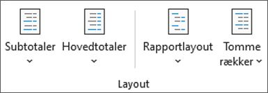 Menuen Rapportlayout på fanen Design af pivottabel