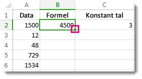 Et firkantet, grønt felt i nederste højre hjørne af celle B2