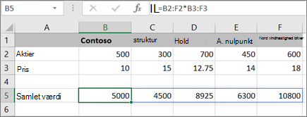 Skærmbillede, der viser et eksempel på en matrixformel, der beregner flere resultater.