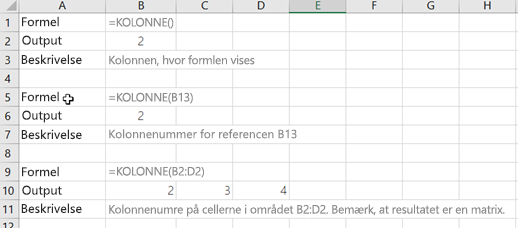 Eksempler på funktionen KOLONNE