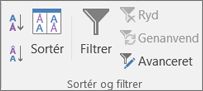 Sortér & Gruppen Filtrer under fanen Data