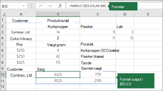 Funktionen MMULT – eksempel 2