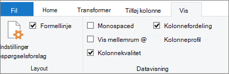 Indstillinger for dataprofil på fanen Vis på båndet Power Query-editor