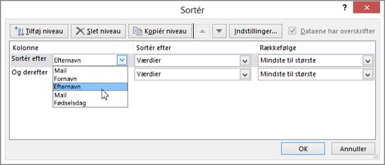 Klik på Sortér efter under Kolonne, og vælg en indstilling