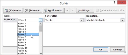 Vælg rækken, du vil sortere