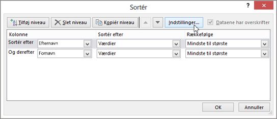 Klik på Sortér for at åbne dialogboksen Sortér
