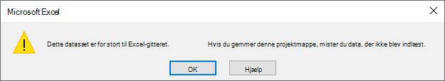 Advarselsmeddelelse, hvor der står: Dette datasæt er for stort til Excel-gitteret. Hvis du gemmer denne projektmappe, mister du data, der ikke er indlæst.