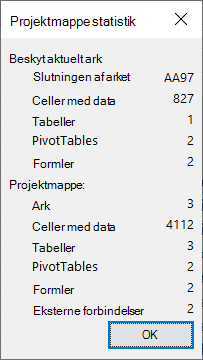 Dialogboksen Statistik for projektmappe.