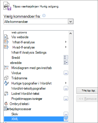 I listen over kommandoer skal du vælge XML og derefter klikke på Tilføj.