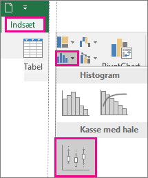 Boksplot og kassediagram på fanen Indsæt i Office 2016 til Windows