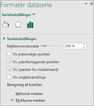 Opgaveruden Formatér dataserie med indstillingerne for boksplot og kassediagram i Office 2016 til Windows