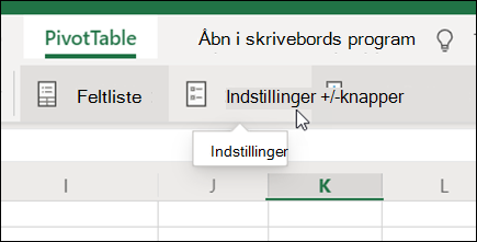 Knappen Indstillinger på fanen Pivottabel i Excel til internettet