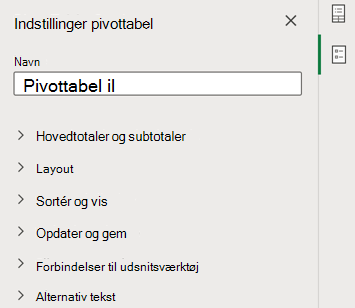 Ruden Indstillinger for pivottabel i Excel til internettet