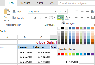 knappen fyld og indstillinger på båndet