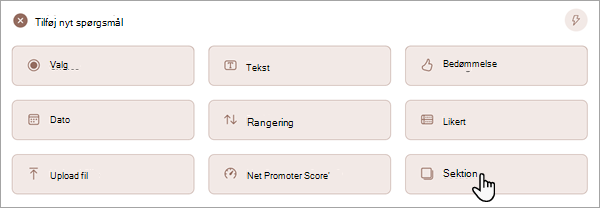 Skærmbillede, der viser, hvordan du kan føje en ny sektion til din formular eller test.
